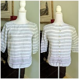 J.Jill Love Linen Womens XS Petite Boat Neck Top Stripe ButtonBack 3/4Sleeve 119